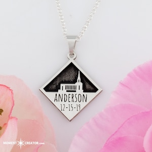 Temple Anniversary Necklace laser engraved with temple, surname and anniversary date - Church of Jesus Christ of Latter Day Saints temple