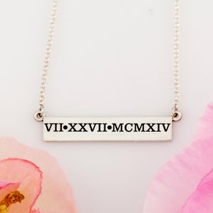Roman numeral bar necklace laser engraved with wedding date - personalized anniversary necklace