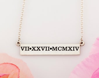 Roman numeral bar necklace laser engraved with wedding date - personalized anniversary necklace