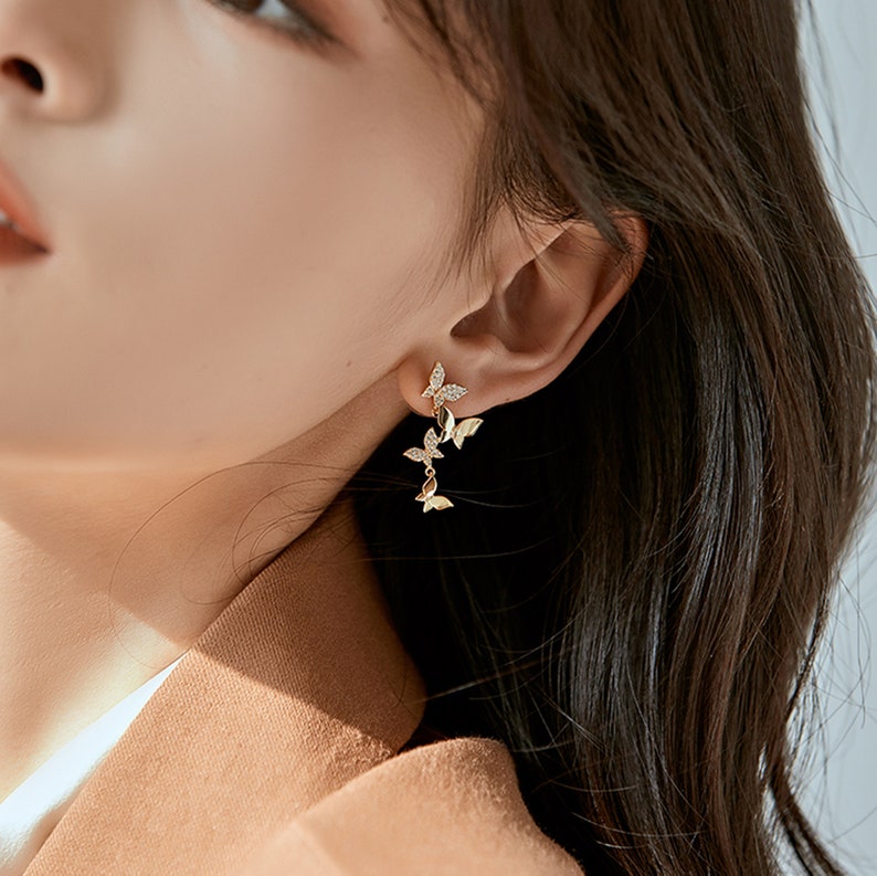 Butterfly Linear Drop Earrings / Social Butterfly Earrings / Long Earrings / Korean Style Earrings / Bridesmaid / Gift / Dangle Earrings E20 