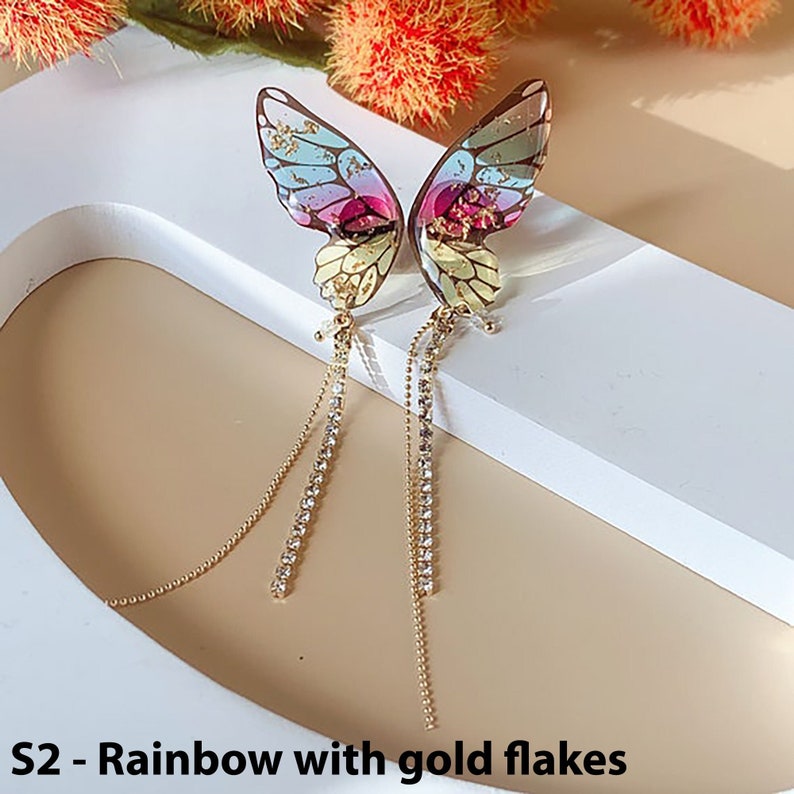 Butterfly Statement Drop Earrings with Gold Flakes, Butterfly Long Earrings, Korean Style Earrings, Dainty Unique Earrings, Gift, E180 