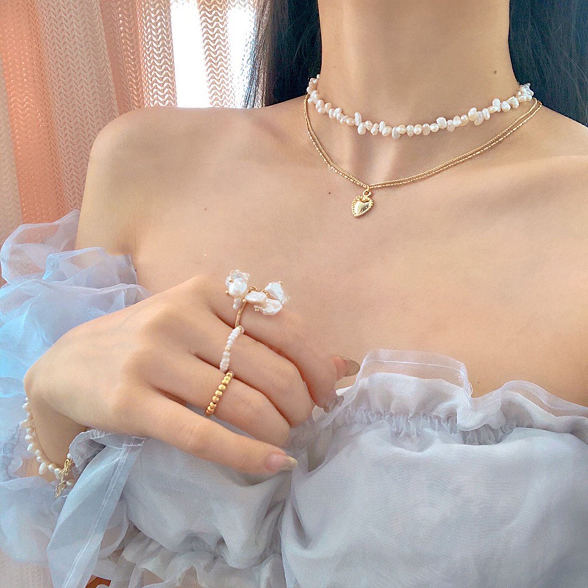 Raw Freshwater Pearl Necklace • Heart Gold Chain • Pearl Chain Layering • Korean Jewelry • Gift • Antique Trend N40