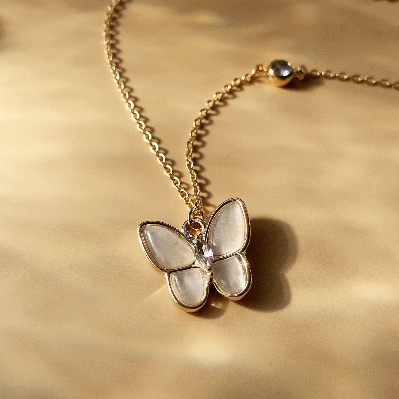 White Butterfly Pendant Necklace Gold Opal Necklace Social Etsy