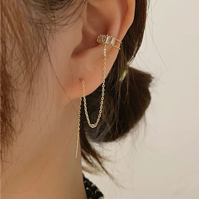 Long Chain Threader with Ear Cuff Earring, Crystal Drop Threader Earring, Korean Fashion, Wedding, Bridesmaid, Gift Wrap E96 E97 