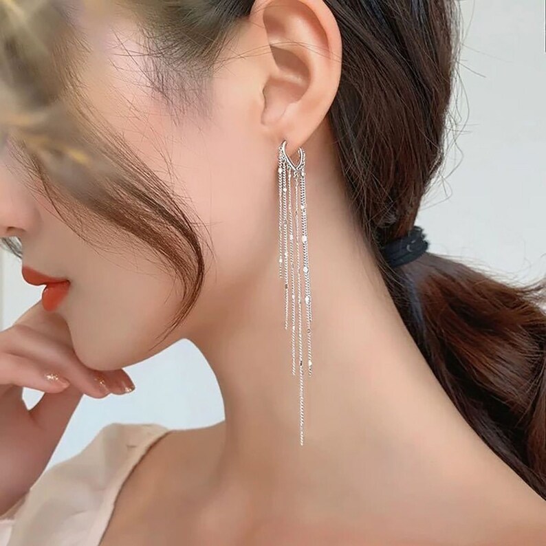 Chandelier Cascade Drop Earrings, Ear Huggie Chandelier Long Earrings, Korean Fashion Jewelry, Bridal Jewelry, Gift, Bridesmaid E88 E89 