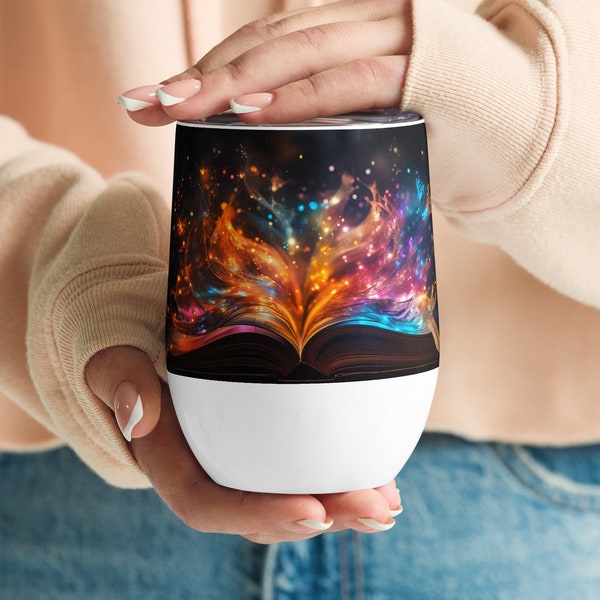 Magic book 12 oz stainless steel wine tumbler gift for bookish book lovers, wine lovers, avid readers