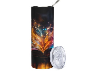 20 oz stainless steel tumbler with stainless straw magic book design for bookish book lovers. Great avid-reader gift.