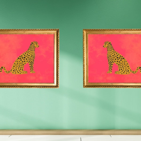 Set mit 2 Chinoiserie-Leoparden-Kunstdrucken, rosa, glamourös, Kinderzimmer, feminin, Grandmillennial, modern, Preppy, Vintage, Retro, Aquarell-Wandkunst