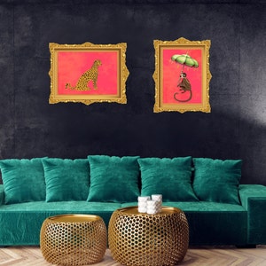 Set of 2 Prints; Chinoiserie Leopard & Monkey with an Umbrella; Chic, Pink, Wall Art, Nursery, Glam