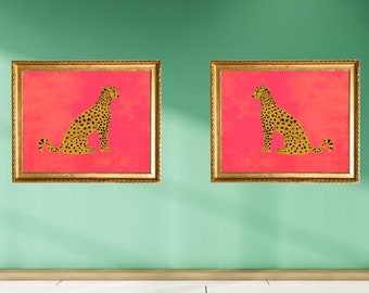Set di 2 stampe artistiche di leopardi cinesi, rosa, glamour, per bambini, femminili, grandmillennial, moderne, preppy, vintage, retrò, arte murale ad acquerello