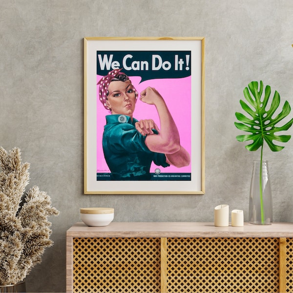 Pink Rosie the Riveter We Can Do It Art Poster, Print, Wall Art, Vintage, Feminist, Girl Room