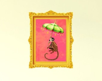 Chinoiserie Monkey Umbrella Print; Chic, Pink, Nursery, Wall Art