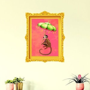 Chinoiserie Monkey Umbrella Print; Chic, Pink, Nursery, Wall Art