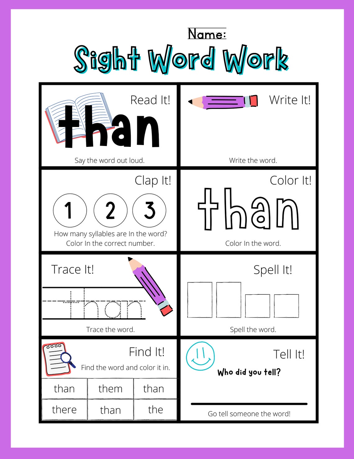 Printable FRY 1st 100 Sight Words Work Sheets Fry First 100 - Etsy