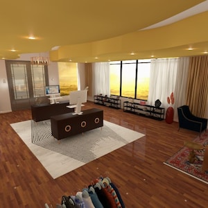 Pode incluir: Uma sala espaçosa com um teto amarelo, pisos de madeira e uma grande janela com vista para o pôr do sol. Há duas portas verdes, um sofá e uma penteadeira com um espelho.