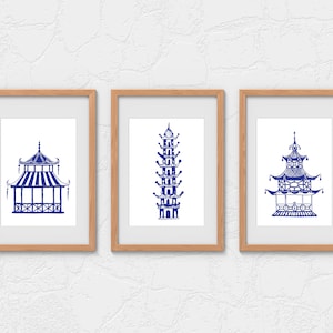 Chinoiserie Pagodas; Asian, Blue Art, Prints, Wall Art, Watercolor Print