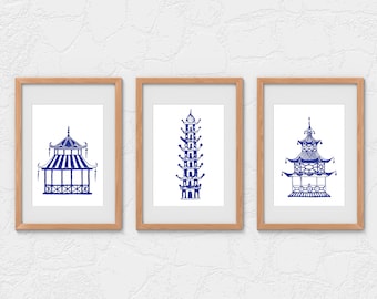 Chinoiserie Pagodas; Asian, Blue Art, Prints, Wall Art, Watercolor Print
