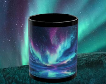 Aesthetic Mug with Northern Lights Design, Celestial Night Sky, Aurora Borealis, Perfect Alaska Gift 11oz Mug Blue Purple