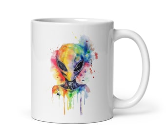 Rainbow Alien Mug, Aliens Coffee Mugs, Rainbow UFO Extraterrestrial Gift, Gifts, Premium Exotic Mug Colorful