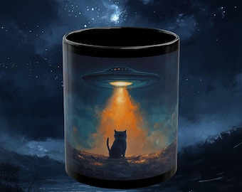 Taza de café con forma de gato, ovni, abducción extraterrestre, ciencia ficción, conspiración, platillo volador, humor, espacio y regalo extraterrestre, espacio exterior, ovni, regalo divertido para ella