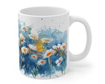 Daisy coffee mug | Cozy tea cups | Daisy cappuccino ceramic mug | Cute daisy pottery| Watercolor Design Cup | Engagement gift | Wedding gift