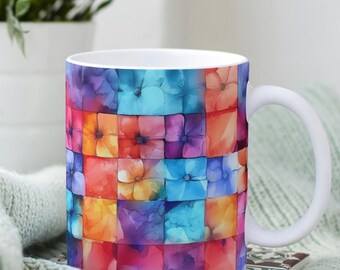 Patchwork Mug, Flower Pattern Mug, Rainbow Watercolor Mug, Floral Design, Boho Wildflower Cup, Flower Holder Mug 11oz