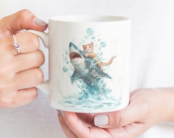 Taza divertida de gato, taza de gato montando un tiburón, regalo de gato para hombres, taza de gato negro, taza divertida de tiburón, taza con gato divertido, taza de gato y tiburón, regalo para amantes de los gatos