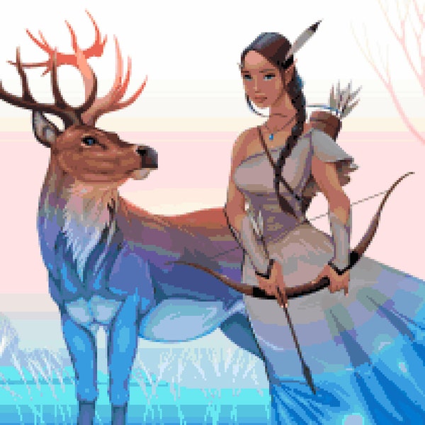 Princess Forest Ranger Cross Stitch Pattern - Deer Bow and Arrow Archer Cross-Stitch Pattern - Pixel Art Bead Weaving Chart (PDF Download)