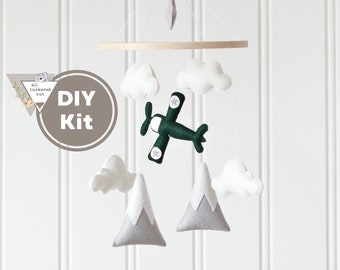 DIY Felt Airplane and Mountain Baby Mobile Kit - Beginner Felt Craft Sewing Kit - Handmade Nursery Decor