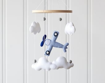 Handstitched Airplane & Clouds Minimalist Mobile with custom felt colors available