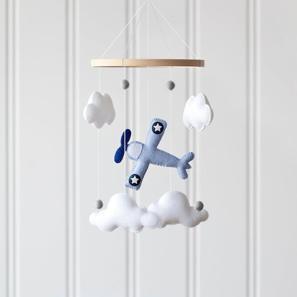 Handstitched Airplane & Clouds Minimalist Mobile with custom felt colors available