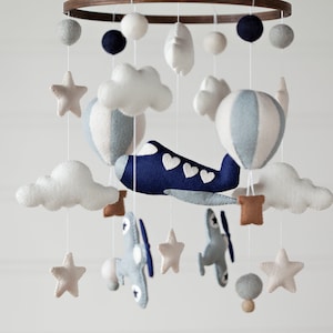 Airplane and Hot Air Balloon Mobile Handstitched with custom felt color options available image 3