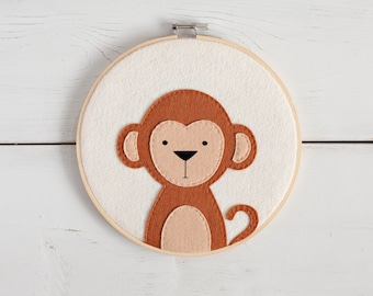 Safari Wall Hanging - Monkey - Nursery Decor - Felt Hoop Art- Kids Decor