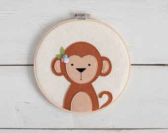 Safari Wall Hanging - Monkey - Nursery Decor - Felt Hoop Art- Kids Decor