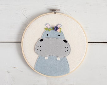 Safari Wall Hanging - Hippo - Nursery Decor - Felt Hoop Art- Kids Decor