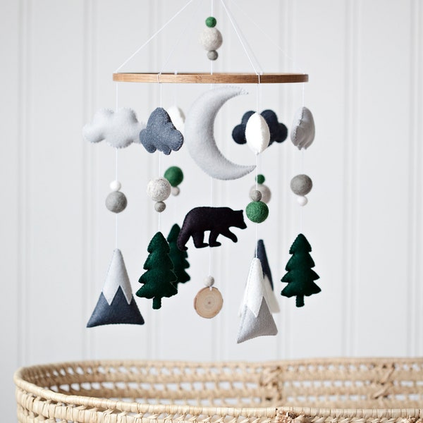 Woodland Bear and Mountain Felt Baby Mobile for Woodland Nursery Decor with custom colors available