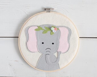 Safari Wall Hanging - Elephant - Nursery Decor - Felt Hoop Art- Kids Decor