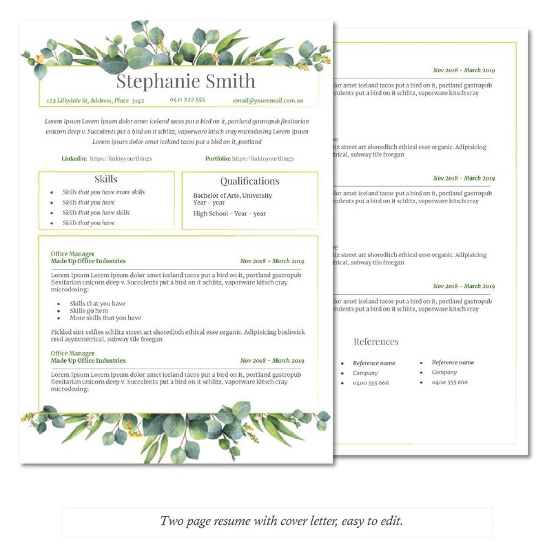 Eucalyptus Resume And Cover Letter Template Etsy