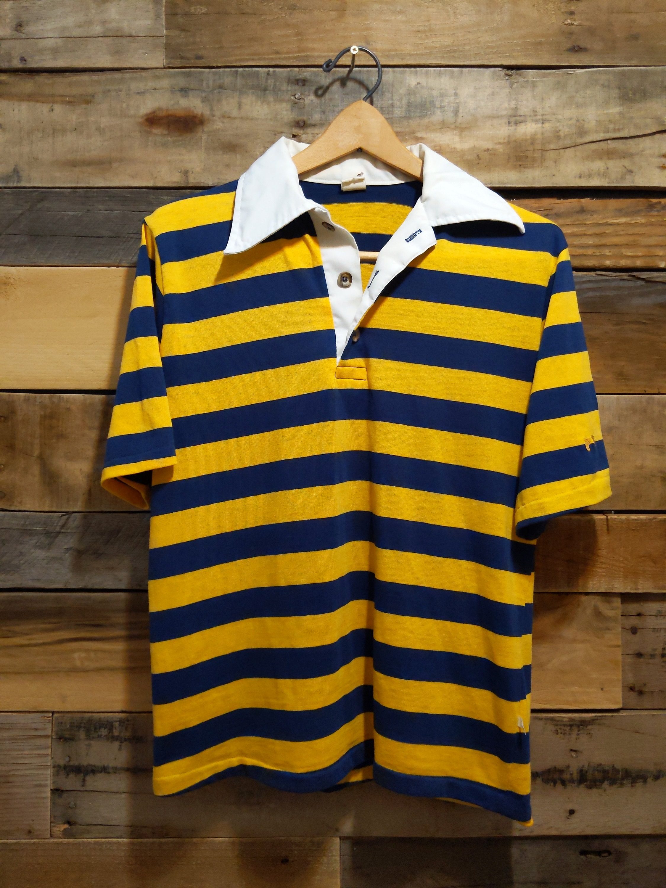 Sz M Navy Yellow White Striped Cotton Vtg 80s Hang Ten Striped Polo