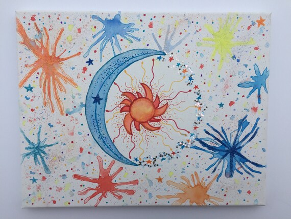 Sun And Moon With Stars Canvas Water Color Glitter Painting Etsy
