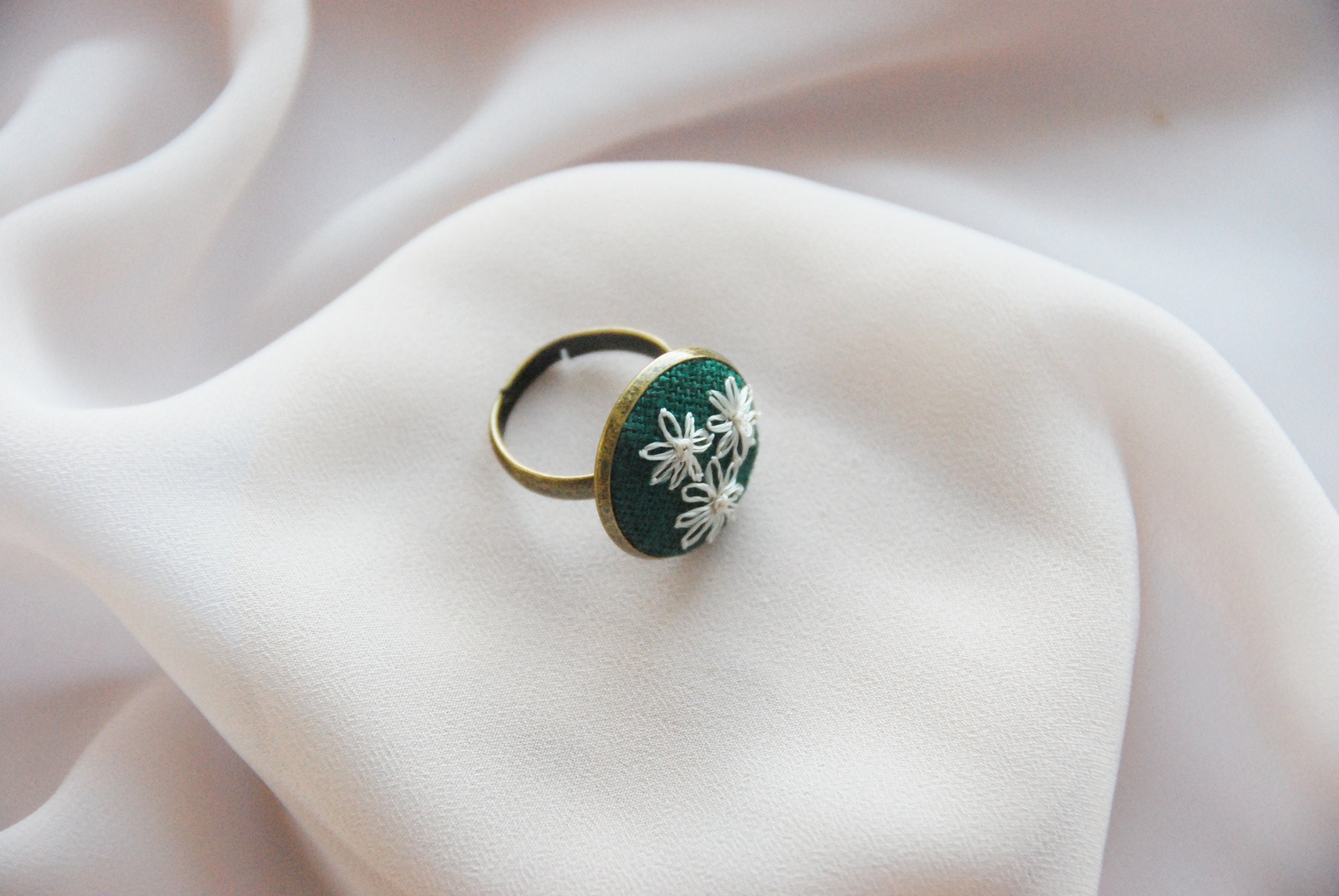 White flowers hand embroidery ring green ring flower  etsy