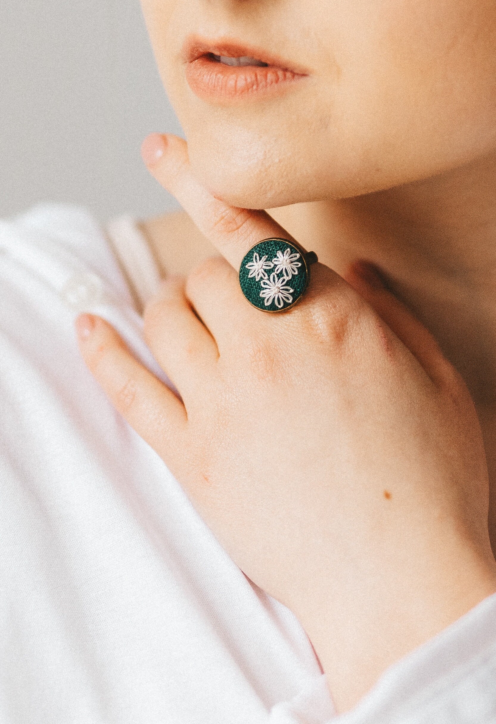 White flowers hand embroidery ring green ring flower  etsy