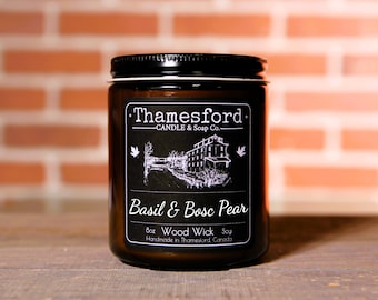 Basil & Bosc Pear WOOD WICK 8oz Soy Candle in Amber jar, Candles, Scented Candle, Soy Candle, Christmas Gift, Gift, Handmade, Small Business