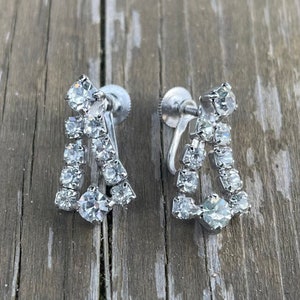Vintage Art Deco Style Screw Back Rhinestone Dangle Earrings Retro Costume Jewelry Jewellery