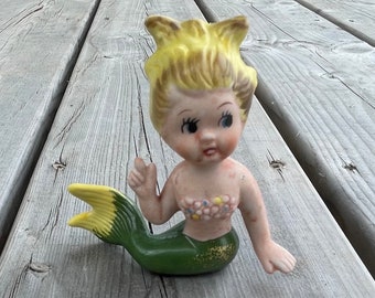 Vintage Bisque Flowing Hair Mermaid Figurine Made in Japan Retro Mermaid Nautical Decor