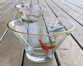 Vintage West Virginia Glass Cardinal Bluebird and Goldfinch Chip and Dip Set Chip and Dip Bowls Retro Serving Dishes