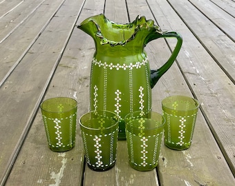 Antique Victorian Hand Blown Hand Painted and Enamelled Green Glass Ruffled Spout Drink Pitcher and Glasses Set Retro Kitchen Glass Decor