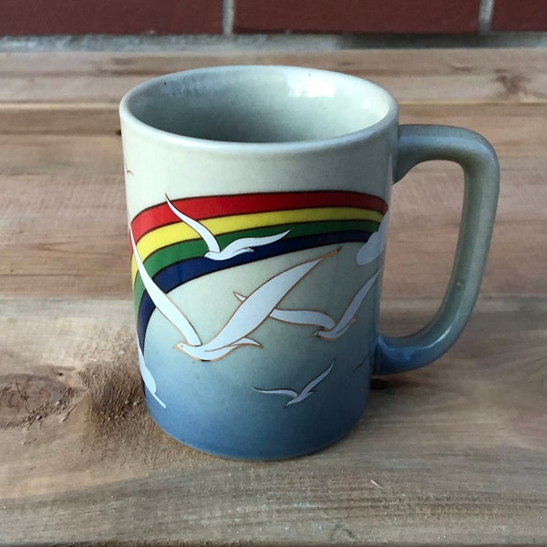 Vintage Otagiri Colorful Rainbow with Seagulls Mug Made in Japan Retro Coffee Mug Blue to Beige Ombré Sky Mug