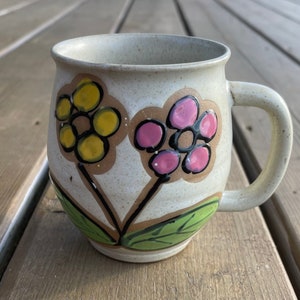 Vintage Speckled Cream Glaze Painted Pink and Yellow Floral Coffee Mug Retro Kitchen Coffee Cart Bar
