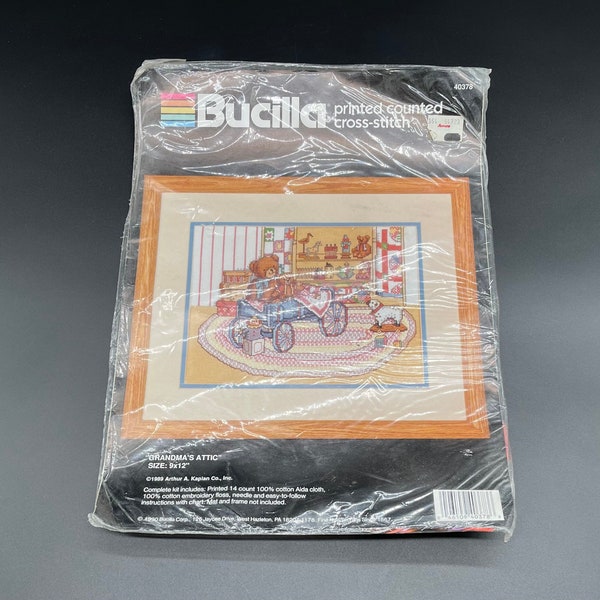 Vintage Bucilla Grandma’s Attic Printed Counted Cross Stitch Kit 40378 Wall Hanging Decor 9 Inches by 12 Inches Finished Size